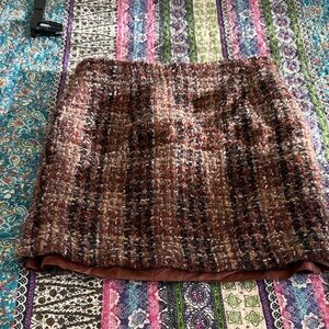 Textured Brown Plaid Tweed Mini Skirt
